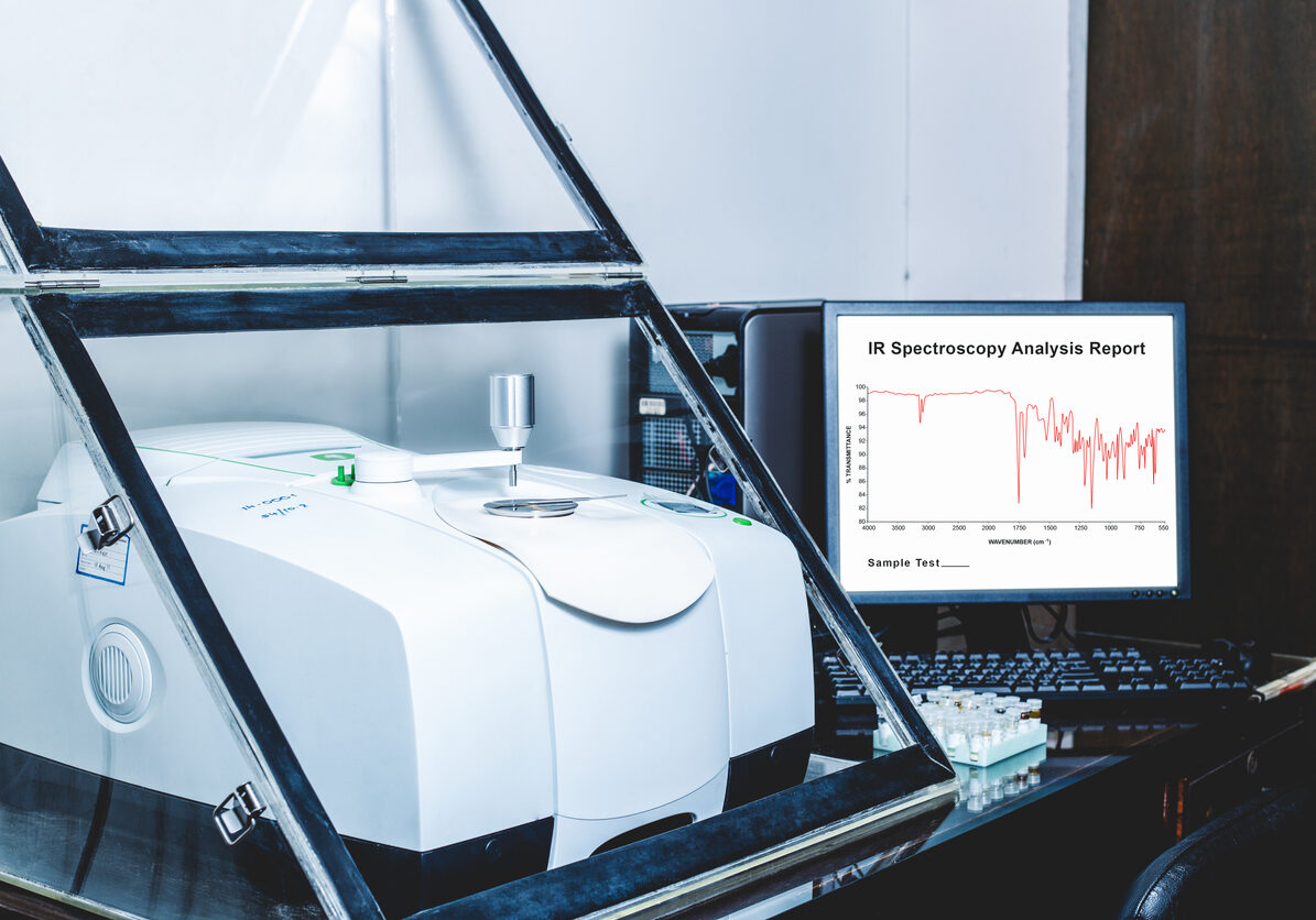 Fourier Transform Infrared Spectroscopy FTIR Instrument with the IR spectrum of sample was analysed as shown on the monitor. FTIR  was used to identify the chemical identity of drug or sample analysed
